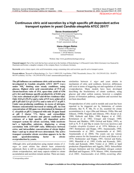 Continuous Citric Acid Secretion by a High Specific Ph Dependent Active Transport System in Yeast Candida Oleophila ATCC 20177