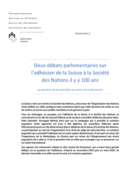 Deux Débats Parlementaires Sur L'adhésion De La Suisse À La Société Des Nations Il Y a 100