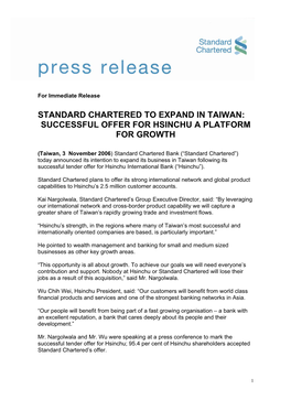Standard Chartered to Expand in Taiwan: Successful Offer for Hsinchu a Platform for Growth