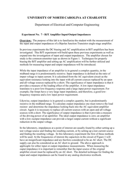 Experiment No. 7 - BJT Amplifier Input/Output Impedances