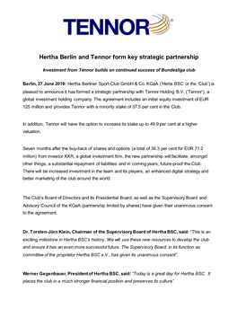 Hertha Berlin and Tennor Form Key Strategic Partnership