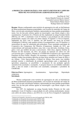 A Produção Agroecológica Nos Assentamentos De Campo Do Meio-Mg No Contexto Do Agronegócio Do Café