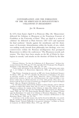 CONTEMPLATION and the FORMATION of the VIR SPIRITUALIS in BONAVENTURE's COLLATIONES in HEXAEMERON Jay M. Hammond in 1273, From