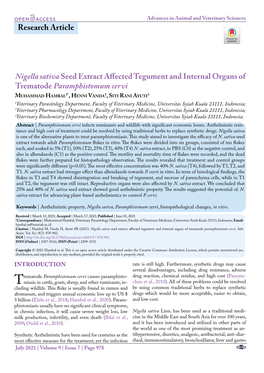 Nigella Sativaseed Extract Affected Tegument and Internal Organs of Trematode Paramphistomum Cervi