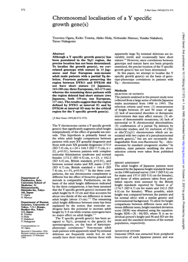 Chromosomal Localisation of a Y Specific Growth Gene(S) J Med Genet: First Published As 10.1136/Jmg.32.7.572 on 1 July 1995