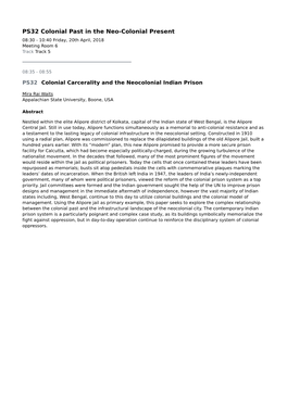 PS32 Colonial Past in the Neo-Colonial Present 08:30 - 10:40 Friday, 20Th April, 2018 Meeting Room 6 Track Track 5