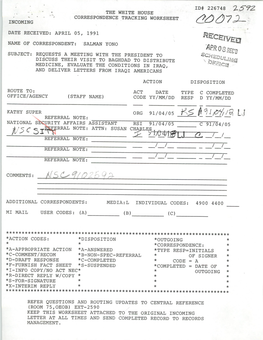 226748 the White House Correspondence Tracking Worksheet Incoming