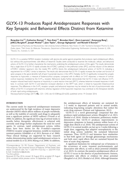 GLYX-13 Produces Rapid Antidepressant Responses with Key Synaptic and Behavioral Effects Distinct from Ketamine