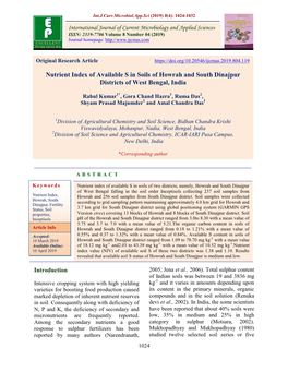 Nutrient Index of Available S in Soils of Howrah and South Dinajpur Districts of West Bengal, India