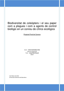 Biodiversitat De Coleòpters I El Seu Paper Com a Plagues I Com a Agents De Control Biològic En Un Conreu De Cítrics Ecològics