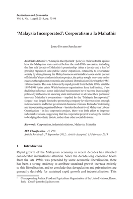 'Malaysia Incorporated': Corporatism a La Mahathir