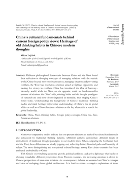 China´S Cultural Fundamentals Behind Current Foreign Policy Journal Views: Heritage of Old Thinking Habits in Chinese Modern Thoughts