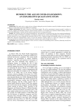 HUMOR in the AGE of COVID-19 LOCKDOWN: an EXPLORATIVE QUALITATIVE STUDY Patrizia Amici “Un Porto Per Noi Onlus” Association, Bergamo, Italy