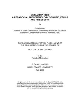 Metamorphosis a Pedagocial Phenomenology of Music, Ethics and Philosophy