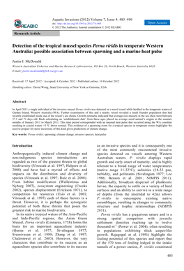 Detection of the Tropical Mussel Species Perna Viridis in Temperate Western Australia: Possible Association Between Spawning and a Marine Heat Pulse