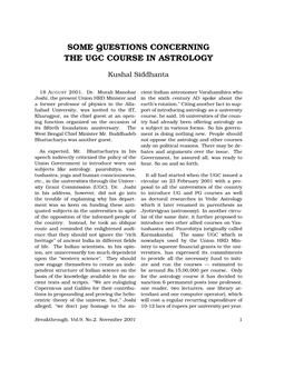 Some Questions Concerning the Ugc Course in Astrology