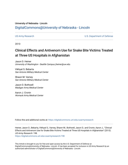 Clinical Effects and Antivenom Use for Snake Bite Victims Treated at Three US Hospitals in Afghanistan