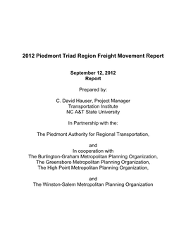 2012 Piedmont Triad Region Freight Movement Report