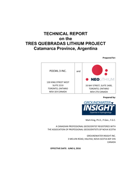 TECHNICAL REPORT on the TRES QUEBRADAS LITHIUM PROJECT Catamarca Province, Argentina
