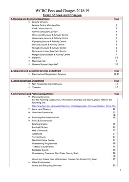 WCBC Fees and Charges 2018/19 Index of Fees and Charges 1