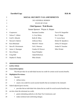 Enrolled Copy HB 86 1 SOCIAL SECURITY TAX AMENDMENTS Chief Sponsor