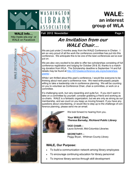 Fall 2012 Newsletter Page 1 Or WALE on Facebook an Invitation from Our