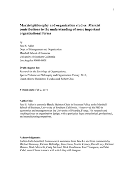 Marxist Philosophy and Organization Studies: Marxist Contributions to the Understanding of Some Important Organizational Forms by Paul S