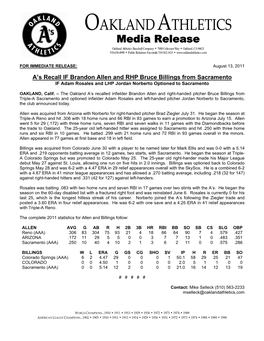 08-13-2011 Athletics Recall IF Brandon Allen and RHP Bruce