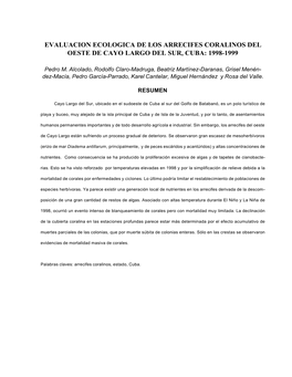 Evaluacion Ecologica De Los Arrecifes Coralinos Del Oeste De Cayo Largo Del Sur, Cuba: 1998-1999