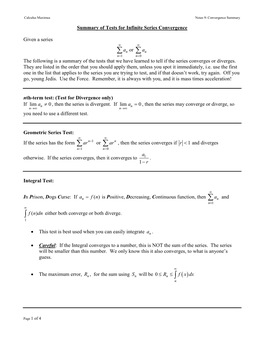 Summary of Tests for Series Convergence