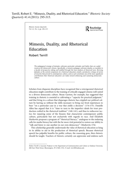 Mimesis, Duality, and Rhetorical Education.” Rhetoric Society Quarterly 41.4 (2011): 295-315