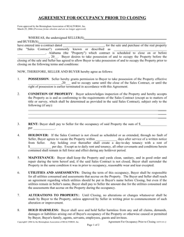 Agreement for Occupancy Prior to Closing