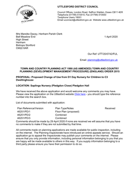 UTTLESFORD DISTRICT COUNCIL Mrs Mareike Dacey, Henham Parish Clerk Bell Meadow End High Street Henham Bishops Stortford CM22