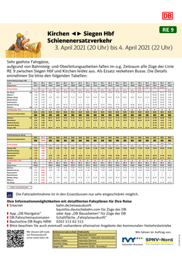 Kirchen Siegen Hbf Schienenersatzverkehr 3. April