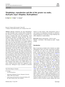 Morphology, Reproduction and Diet of the Greater Sea Snake, Hydrophis Major (Elapidae, Hydrophiinae)