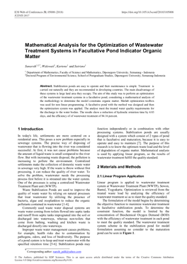 Mathematical Analysis for the Optimization of Wastewater Treatment Systems in Facultative Pond Indicator Organic Matter