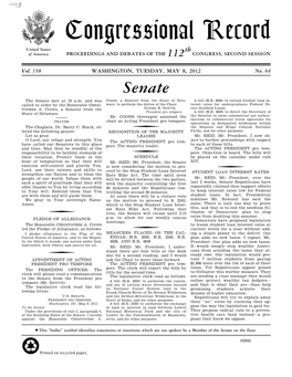 Congressional Record United States Th of America PROCEEDINGS and DEBATES of the 112 CONGRESS, SECOND SESSION