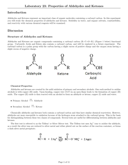 Laboratory 23: Properties of Aldehydes and Ketones