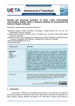 Rearing and Spawning Technique of Clown Loach (Chromobotia Macracanthus, Bleeker 1852) in Research Institute for Ornamental Fish Culture of Depok, Indonesia