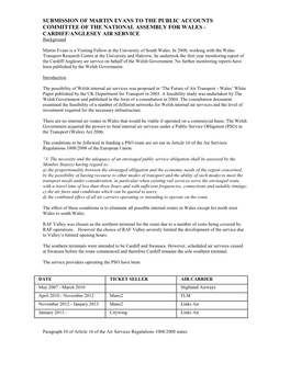 SUBMISSION of MARTIN EVANS to the PUBLIC ACCOUNTS COMMITTEE of the NATIONAL ASSEMBLY for WALES - CARDIFF/ANGLESEY AIR SERVICE Background