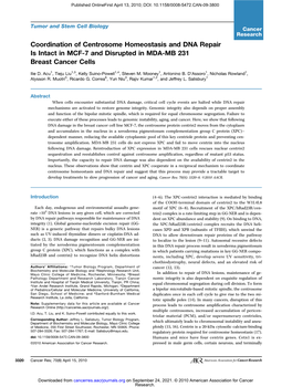 Coordination of Centrosome Homeostasis and DNA Repair Is Intact in MCF-7 and Disrupted in MDA-MB 231 Breast Cancer Cells