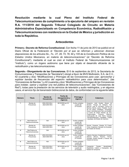 Resolución Mediante La Cual Pleno Del Instituto Federal De Telecomunicaciones Da Cumplimiento a La Ejecutoria Del Amparo En Revisión R.A