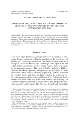 Degrees of Influence: the Politics of Honorary Degrees in the Universities of Oxford and Cambridge, 1900–2000