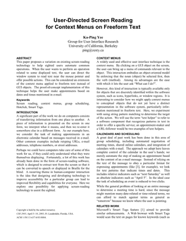 User-Directed Screen Reading for Context Menus on Freeform Text
