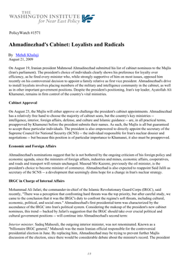 Ahmadinezhad's Cabinet: Loyalists and Radicals