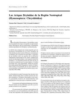 Las Avispas Dryinidae De La Región Neotropical (Hymenoptera: Chrysidoidea)