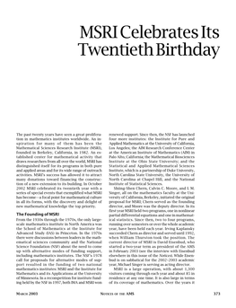 MSRI Celebrates Its Twentieth Birthday, Volume 50, Number 3