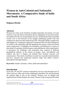 Women in Anti-Colonial and Nationalist Movements: a Comparative Study of India and South Africa