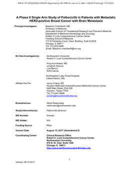 A Phase II Single Arm Study of Palbociclib in Patients with Metastatic HER2-Positive Breast Cancer with Brain Metastasis