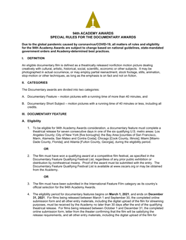 94Th ACADEMY AWARDS SPECIAL RULES for the DOCUMENTARY AWARDS